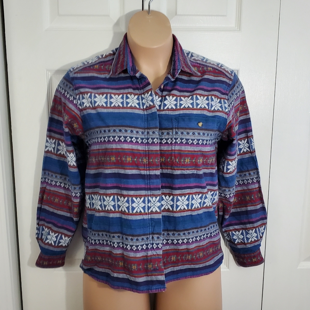 Madison Avenue Womens SZ L Button Down Shirt 100% Cotton Southwestern~Pre-Owned